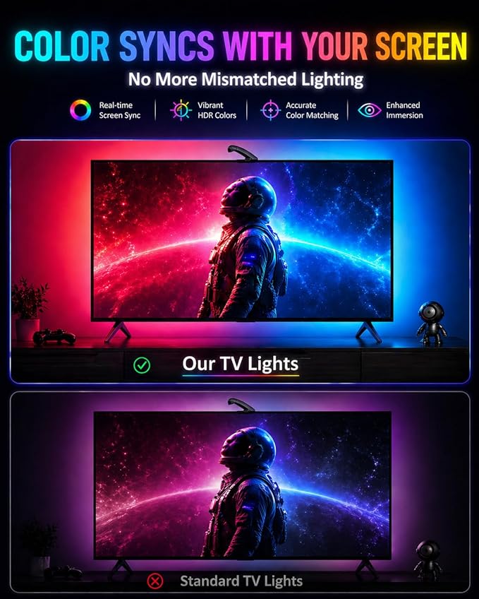TV LED Backlight with Sensor, LED Sync Lights for TV 55-65 Inch, Smart Camera Sync to Screen, Ambient RGB Strip Lights for Gaming & Home Theater, App Control (14.7ft)