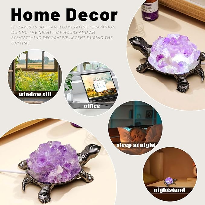 Runyangshi Natural Amethyst Turtle Night Lamp Healing Crystal Bedroom Bedside Table Lamp USB Port Home Decor Women Men Gift