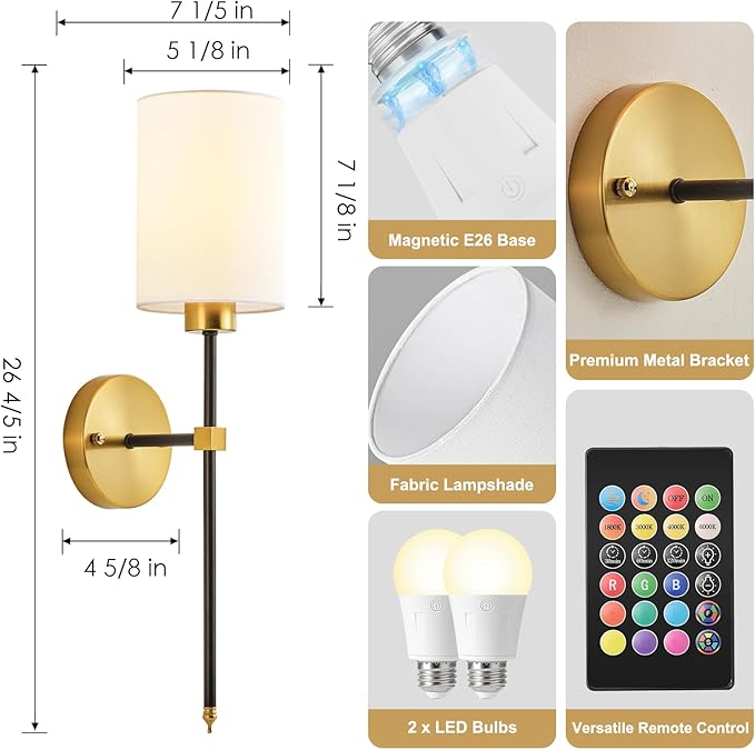 Battery Operated Wall Sconce Set of Two, Wireless Rechargeable Wall Light With Remote Control, Dimmable, 4 Color Temperatures, RGB, Timer, for Living Room,Bedroom,Entryway, Black Gold, 26.8 Inch