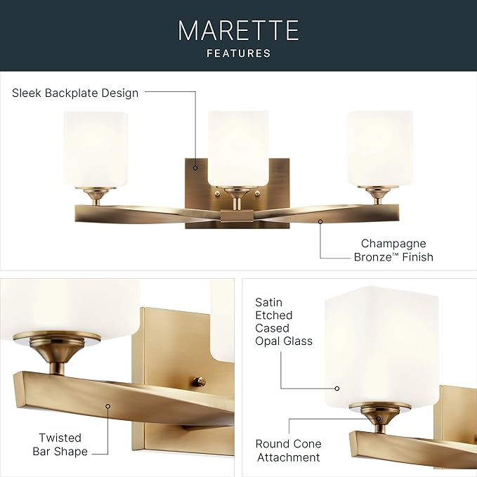 Kichler Marette 23" 3-Light Bathroom Vanity Light Fixture with Satin Etched Cased Opal Glass in Champagne Bronze for Bathroom and Powder Room (23" x 8.25" x 6"), 55002CPZ