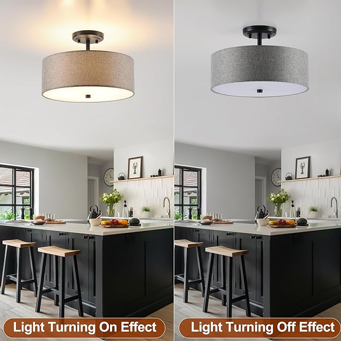 13.8 Inch Semi Flush Mount Ceiling Light Fixture, 3-Light Modern Farmhouse Drum Pendant with Fabric Shade for Bedroom Hallway Entryway Living Room (Gray+Black)