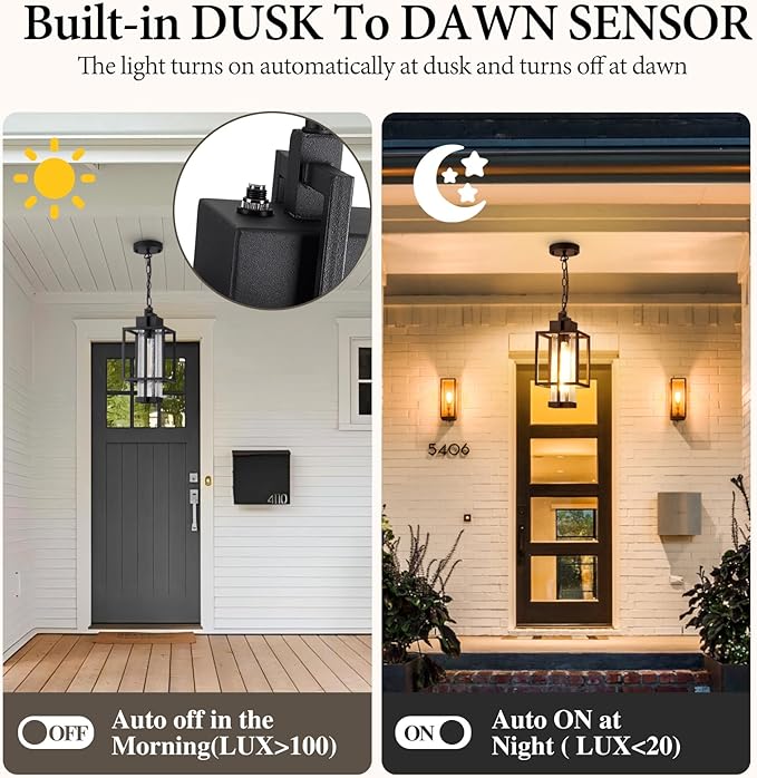 Outdoor Pendant Light Fixture, 16" Dusk to Dawn Exterior Chandelier Porch Hanging Light with Bubble Glass, Moder Black Outside Hanging Lantern for Porch Gazebo, OS-KY1005