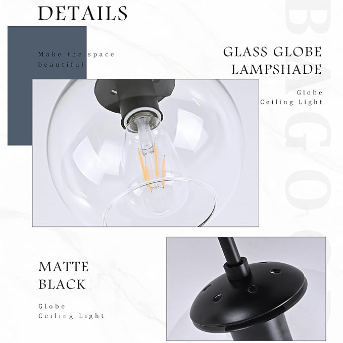 Black Semi Flush Mount Ceiling Light Fixture with Clear Glass Light Fixture Mid Century Light Fixtures Black Semi Flush Ceiling Light Fixtures for Dining Room Kitchen (Bulb Included)