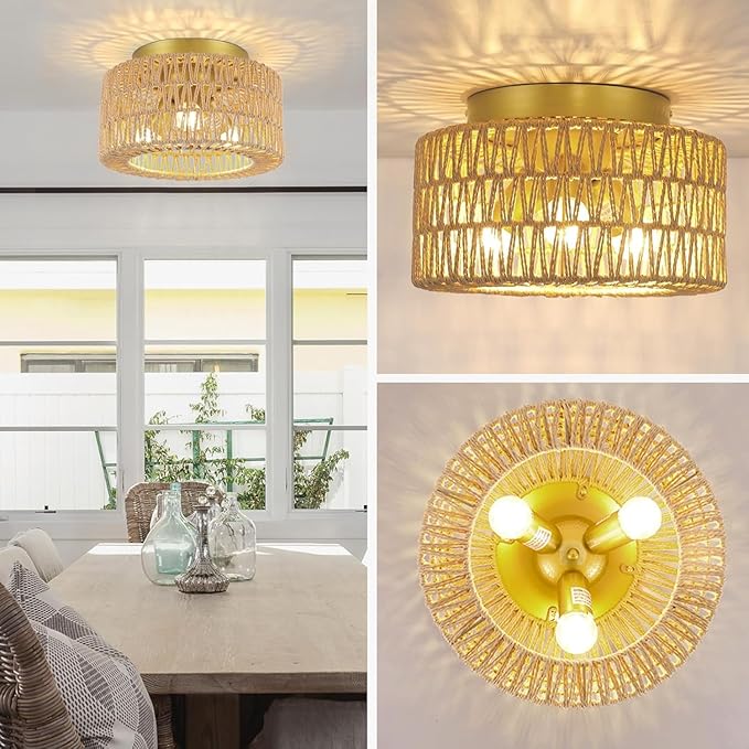 Rattan 3-Light Ceiling Light Fixture, Boho Flush Mount Ceiling Light, Modern Ceiling Light with Hand-Woven Shade for Bedroom Living Room Enterway Foyer