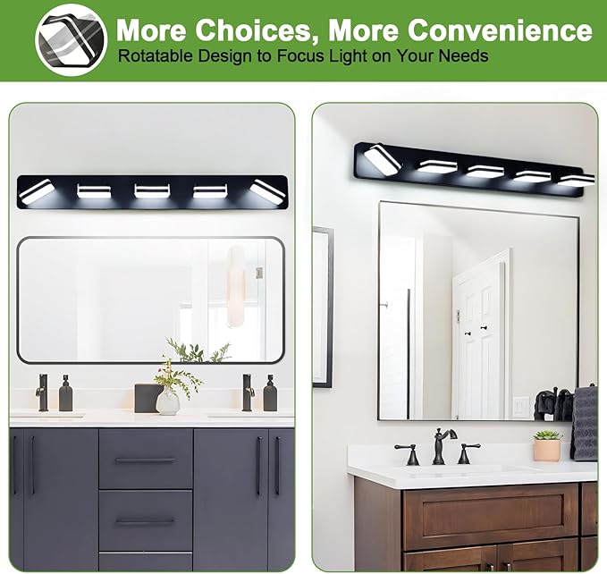 360° Rotate LED Bathroom Vanity Light Fixtures, 2100LM Acrylic Matte Black Vanity Lights for Bathroom, Modern Wall Lighting Fixtures Over Mirror Kitchen Living Room Hallway (Natural White Light 5000K)