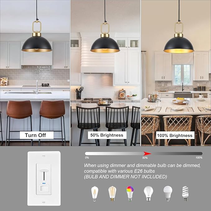 Black Pendant Lights Kitchen Island, 10.2 Inch Dome Black and Gold Pendant Lights, Vintage Metal Industrial modern Farmhouse Pendant Light Fixture Hanging Lights for Dining Room, Cafe, Bar, 2 Pack