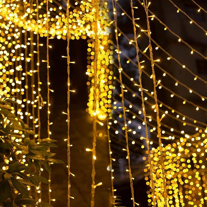 WATERGLIDE 300 LED Curtain Lights, Remote Control Christmas Hanging String Lights, 8 Lighting Modes, Plug in for Indoor Outdoor Holiday Ramadan Party Garden Backdrop Wedding Home Decor, Warm White