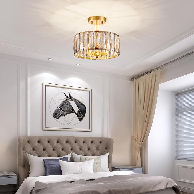 Crystal Ceiling Light, 3-Light Modern Semi-Flushmount Ceiling Light for Living Room, Dinning Room Hallway, D12xH9inch, Gold Finish Frame & Champagne K9 Crystal