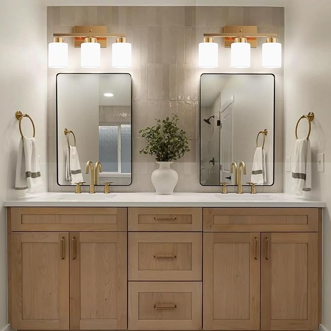 PARTPHONER 3-Light Brushed Gold Bathroom Light Fixtures, Modern Vanity Light Over Mirror Lighting, Wall Sconce with Frosted Milky White Glass Shades for Bedroom Living Room Kitchen Hallway