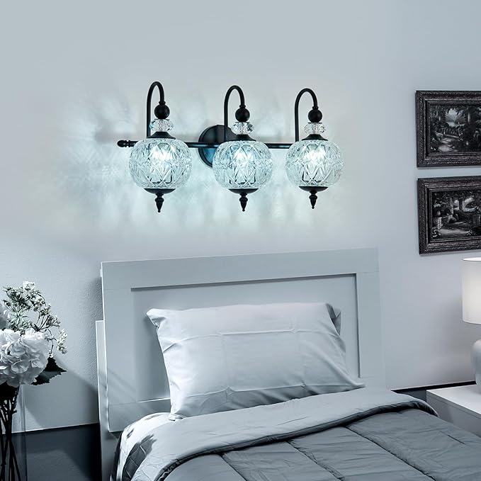 Piepooye Vintage Bathroom Light Fixtures Black Vanity Light with Glass Globe LampShade 3 Lights Mid Century G9 Bulb Wall Sconce Indoor Vanity Light Over Mirror for Kitchen Bedroom Farmhouse