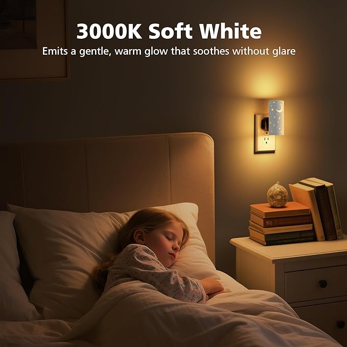 LED Night Lights Plug into Wall, 2-Pack 3000K Bright Plug in Nightlights, Dusk-to-Dawn Sensor, Dimmable 0-100LM, Auto-On/Off, Home Decor for Bedroom, Bathroom, Hallway, Kitchen, White Stars