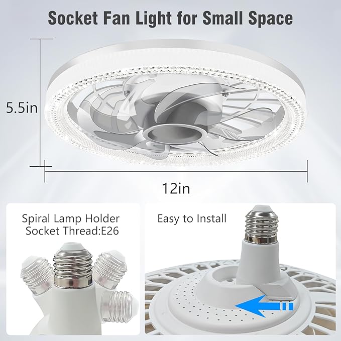 Deyagoo Ceiling Fan Light, 12-inch Socket Fan Light with Remote Control, 3 Colors (3000K-6500K) Dimmable LED Light Bulb, Screw-in Ceiling Fan for Bedroom, Kitchen, Storage Room, Closet, and RV.