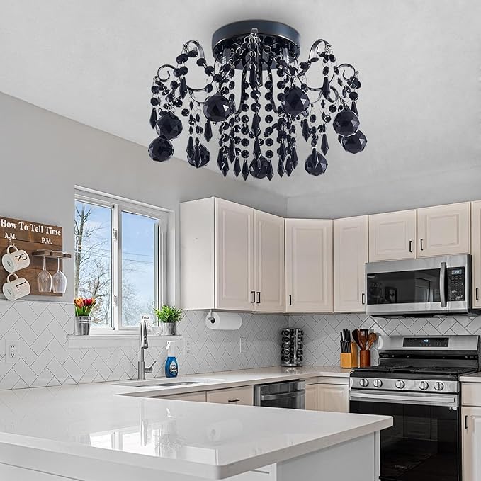 Rain Drop Crystal Small Crystal Chandelier Ceiling Light 3-Light Fixture Modern Chrome Iron Material Suitable for Bedrooms, Hallways, Walk-in Closets, Entryways, Stairwells (Black)