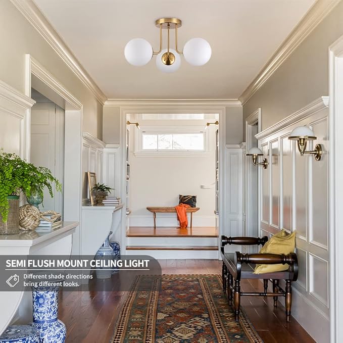 KoKo&Yukina 3-Light Semi Flush Mount Ceiling Light Globe Ceiling Light Mid Century Ceiling Light with Opal Milk Glass Globe & Brushed Brass for Bedroom Hallway Entryway Kitchen Living Room-Bulb Incl