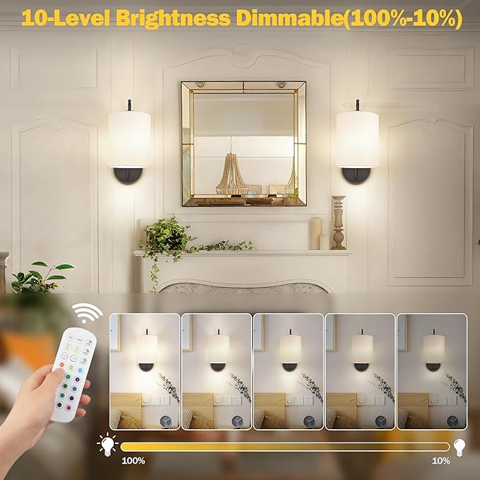 MATAMEYE Battery Operated Wall Sconce Set of 2, Black Rechargeable Dimmable Wall Light Fixture Remote, 12 RGB Colors & Timer, Wireless Lamp White Shade