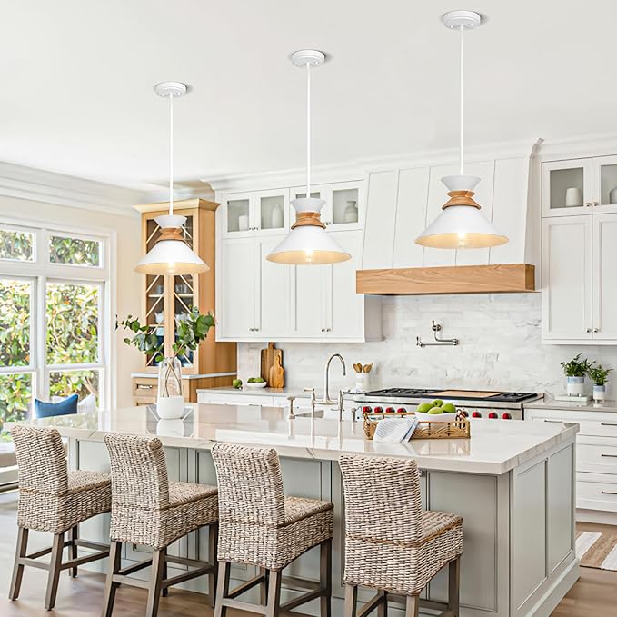 12 Inch White Pendant Lights Kitchen Island Hanging Light Fixtures Adjustable Rod Height Pendant Lighting for Dining Room 3 Pack