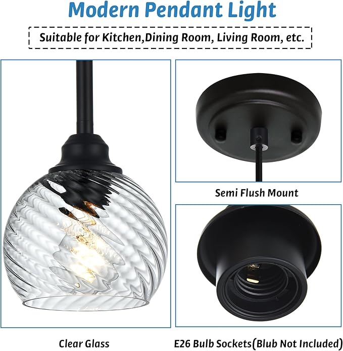 2 Pack Pendant Lights Kitchen Island with Clear Striped Swirl Globe Glass, Modern Hanging Light Fixtures Semi Flush Mount Stylish Black Pendant Lighting for Dining Room Hallway Bedroom Bar