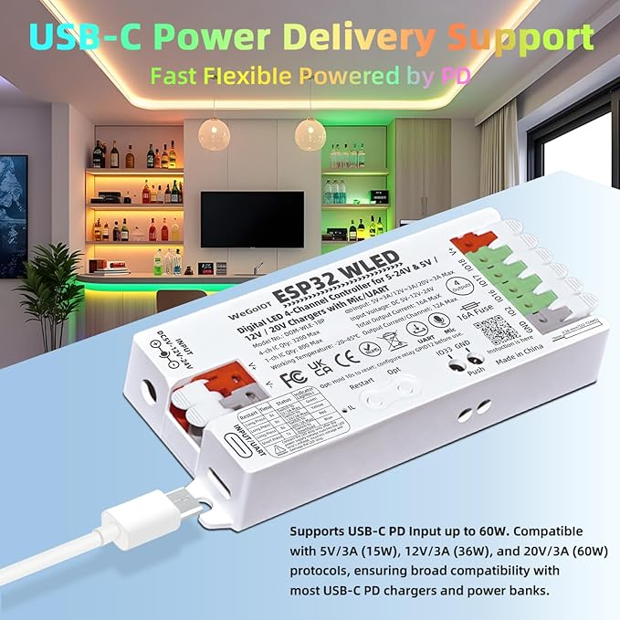 ESP32 WLED Controller with 16A Fuse for 5V-24V LED Strip Dynamic RGB IC DIY Port 4 Channel WiFi Controller App Control Easy Wiring FCOB Addressable Strip Light (DOM-WLE-18P with Mic/UART)