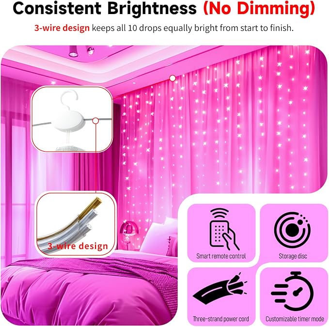 HXWEIYE 300LED Untangled Curtain Lights, 9.8x9.8Ft USB Fairy Twinkle String Lights with Remote and DIY Timer, 8 Modes Window Wall Hanging Light for Bedroom Dorm Backdrop Room Decor, Pink