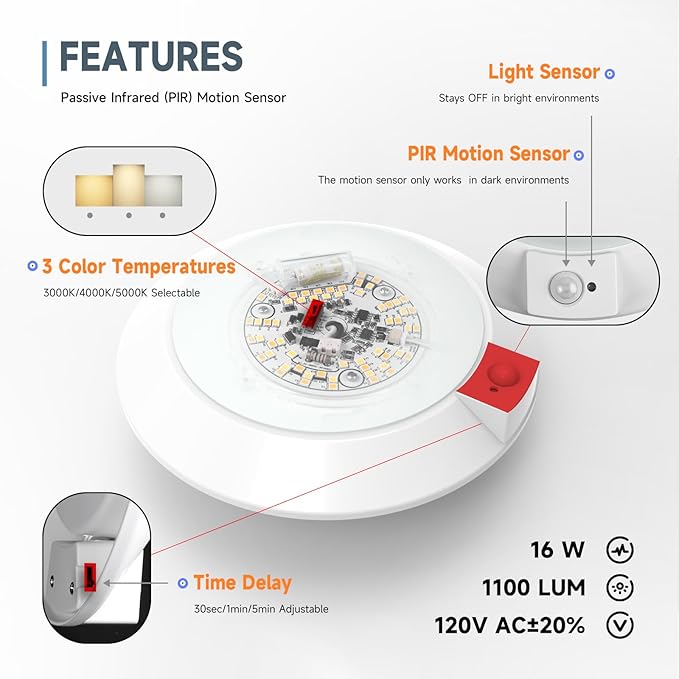 ECOELER PIR Motion Sensor Ceiling Light, 3CCT Selectable Occupancy Light with Time Countdown & Light Sensor, 16W 1000Lm, Hard-Wired Motion Light for Garage, Hallway, Stairwell, 2Pack