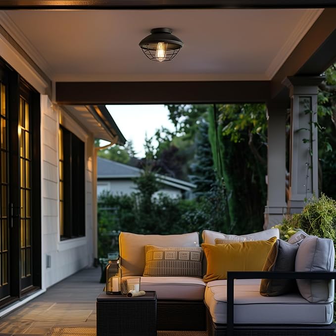 Globe Electric 60000120 1-Light Outdoor Flush Mount Ceiling Light, Matte Black Finish, Metal Cage Shade, Weather Resistant, Industrial Outdoor Ceiling Light, E26 Base