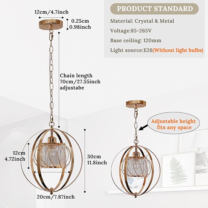 FRIXCHUR Gold Crystal Pendant Light, Adjustable Hanging Light Fixture with Pumpkin-Shaped Crystal Shade, E26 Base Metal Lantern Pendant Ceiling Light for Kitchen Island, Dining Room, Entryway, Foyer