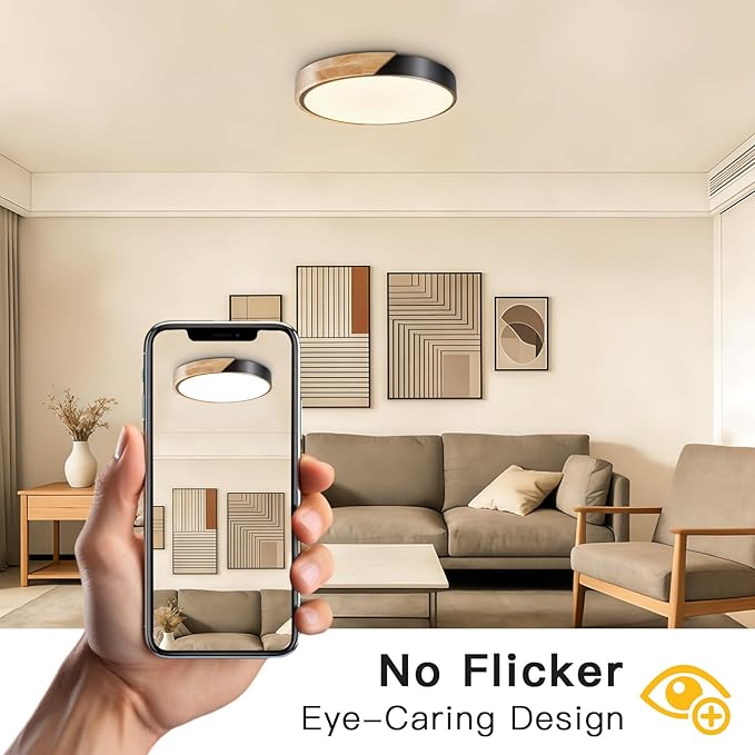 Modern Flush Mount Ceiling Light, Wood Ceiling Light Fixture, Warm White 3000K Not Dimmable, Minimalist Ceiling Lamp with Acrylic Lampshade for Bedroom, Living Room, Hallway(Black, 11.8")
