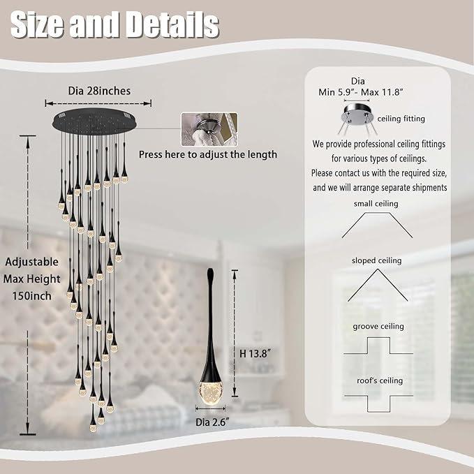 ykolupty H150'' High Ceiling Chandeliers for Entryway 36-Lights Black Spiral Crystal Chandelier Modern Raindrop Chandeliers for Villa Staircase,Hanging Light Fixtures for High Ceiling