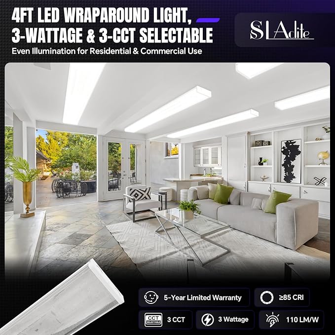 4FT LED Wraparound Light 75W/65W/55W, 8250lm/7150lm/6050lm, 3000K/4000K/5000K 4 Foot LED Wrap Light Fixture, Flush Mount for Garage Workshop, Fluorescent Light Replacement Office, ETL 2 Pack