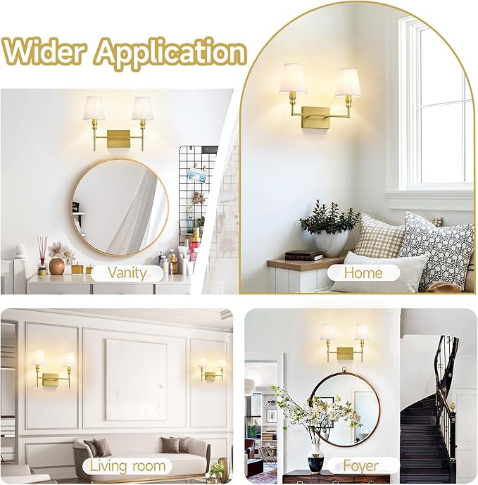 Bathroom Light Fixtures Over Mirror,Brush Brass Vintage Wall Sconces, 2-Light Bathroom Vanity Light With Flared White Fabric Lampshade For Bedroom,Living Room,Hallway,Foyer,Hardwired, E12 Base