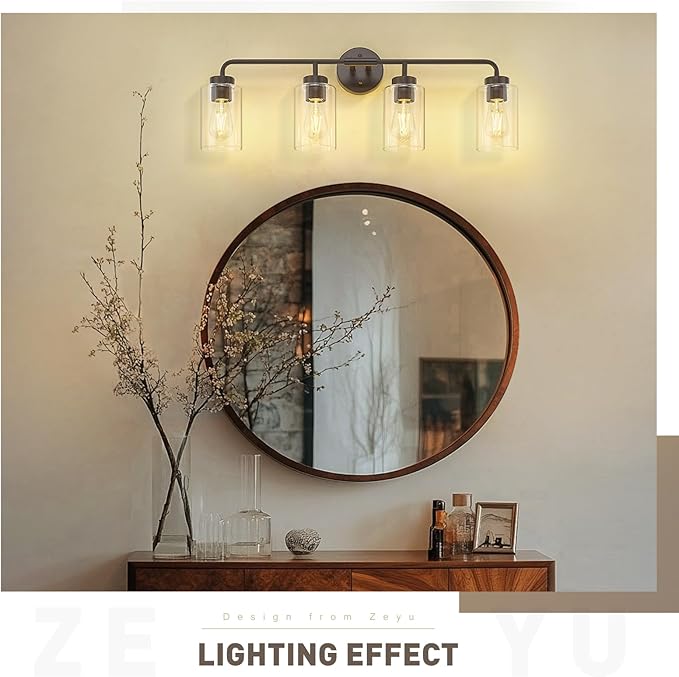 zeyu Oil Rubbed Bronze Bathroom Vanity Light, 4-Lights Bathroom Light Fixtures Over Mirror with Clear Glass Shade, 30.6 Inch Wall Sconce Lighting Bath, ZS62B-4W ORB