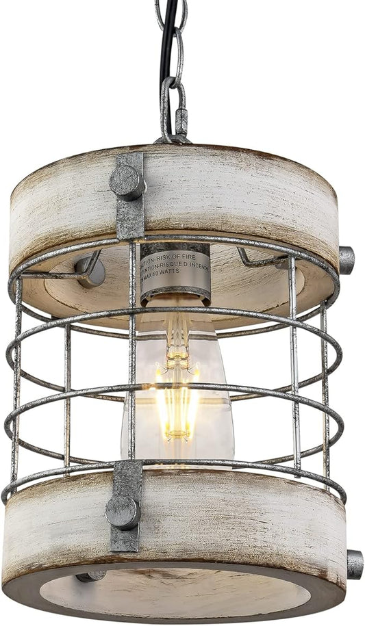Retro Industrial Metal and Wood Chandelier 1-Light Round Cage Pendant Light Fixture for Kitchen Island Foyer Hallway Bar Dining Room Restaurant, D 7.9" x H 8.7" (White)