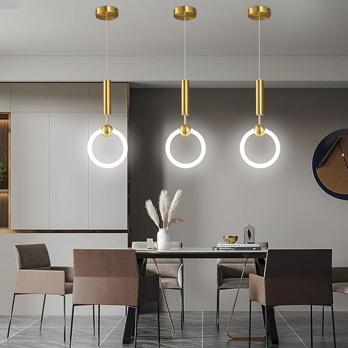 Modern LED Pendant Light Fixtures, Simplicity Gold Pendant Lighting,Circular Hanging Chandelier for Kitchen Island Dining Room Bedroom Entryway Hallway(Gold 1-Pack)