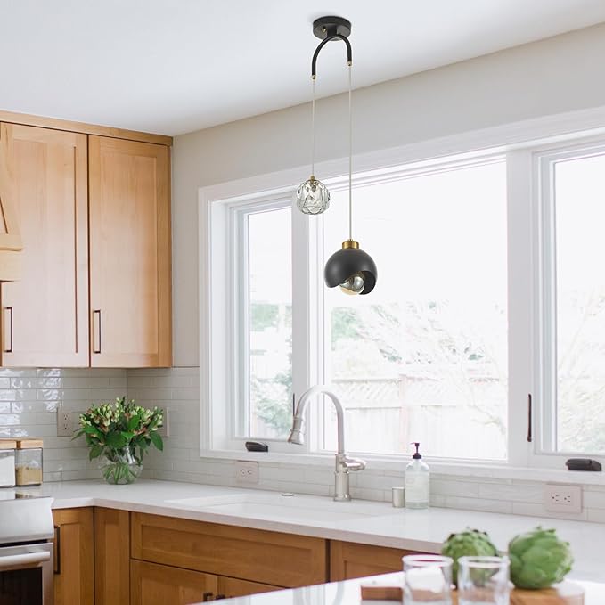 2 - Light Modern Pendant Light with Crystal Accent, Black Pendant Light Hallway, Unique Hanging Light Fixture for Entryway Bedroom Kitchen Island