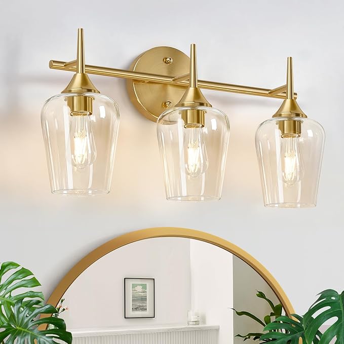 MOKATNG 3-Light Bathroom Light Fixtures, 19.5 Inch Brushed Gold Vanity Lights with Wine-Glass Shape, Bathroom Lights Over Mirror, Modern Wall Lamps for Bedroom Living Room Hallway