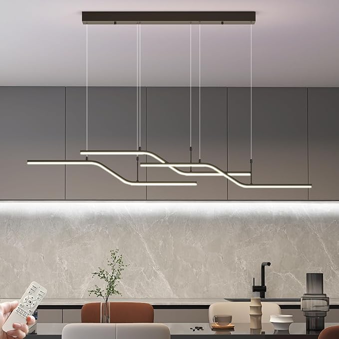 Siittoo Modern LED Chandelier, 45W Dimmable Dining Room Chandelier with Remote, 3-Light Black Wave Linear Hanging Pendant Light Fixture for Kitchen Island Restaurant (52'')