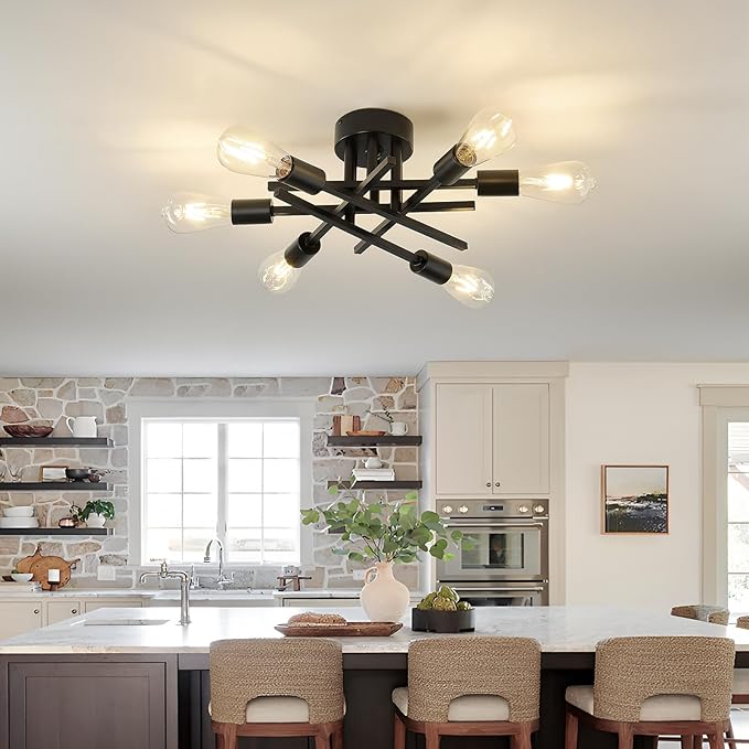 Semi Flush Mount Motion Sensor Ceiling Light Fixture，6 Lights Black Vintage Matte Sputnik Chandelier Ceiling Lamp with E26 Bulb Base for Farmhouse Dining Room Living Room Bedroom Study Kitchen