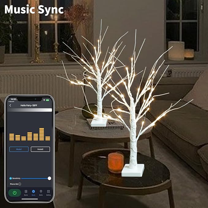 2FT Smart Birch Tree with LED Lights, Bluetooth App Controlled, 18 Modes, Dimmable, Timer, Music Sync, Warm White LED for Indoor Christmas Tabletop Centerpiece, Wedding & Valentine’s Day Decor, 2 Pack