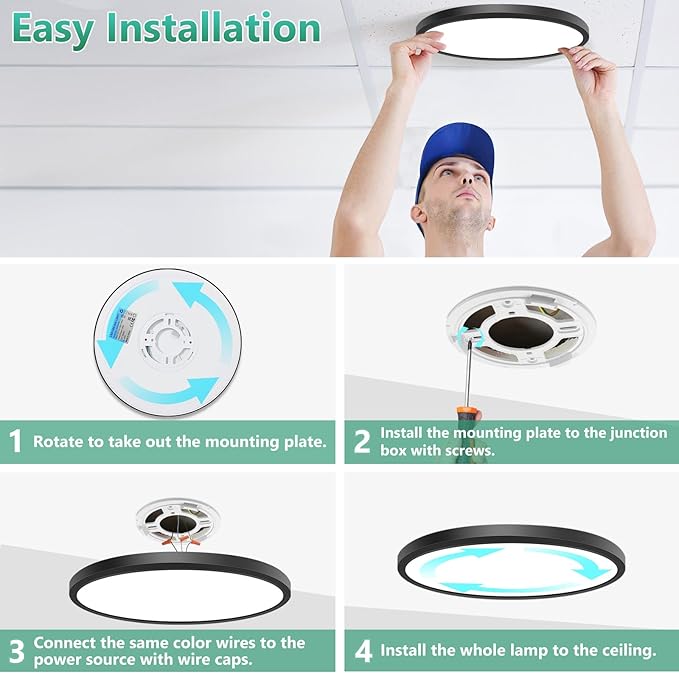 Brightever Black LED Flush Mount Ceiling Light, 12 Inch 3200LM, 240W Equivalent Hallway Light Fixtures, 5000K Daylight White 0.67 Inch Thickness Light Fixture Ceiling Mount, Non-Dimmable, 4 Packs