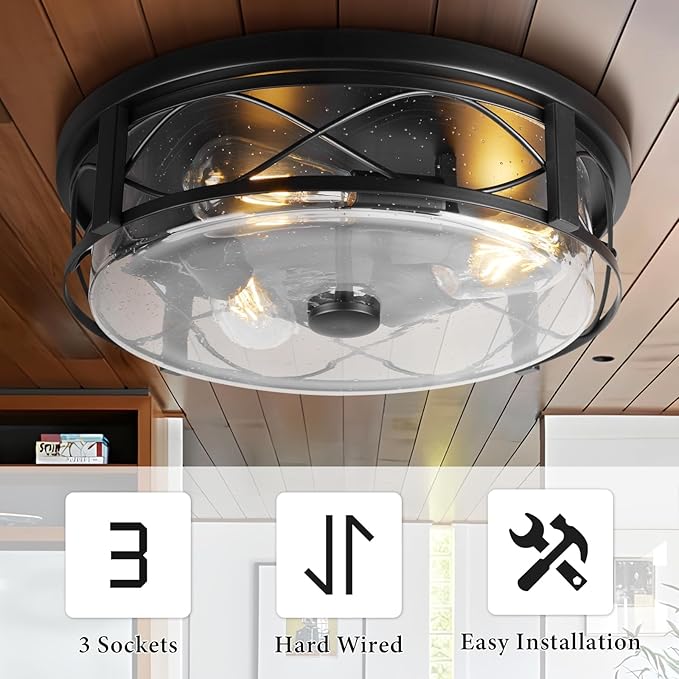 16 Inch Large Flush Mount Ceiling Light with Seeded Glass, 3-Light Black Round Ceiling Lamp, Modern Farmhouse Indoor Outdoor Ceiling Lighting for Kitchen Bedroom Living Dining Room