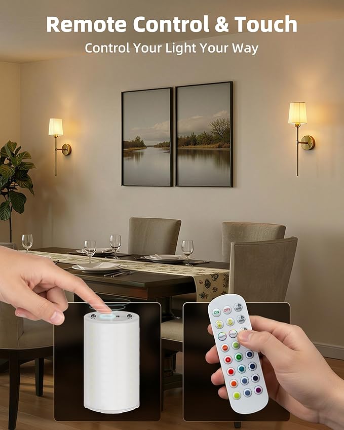 EZVALO Battery Operated Wall Sconces Set of 2, 7500mAh, RGB, Rechargeable Wall Lights with Remote, Dimmable, Magnetic Bulbs, No-Wiring Installation, Wireless Wall Lamps for Bedroom, Living Room