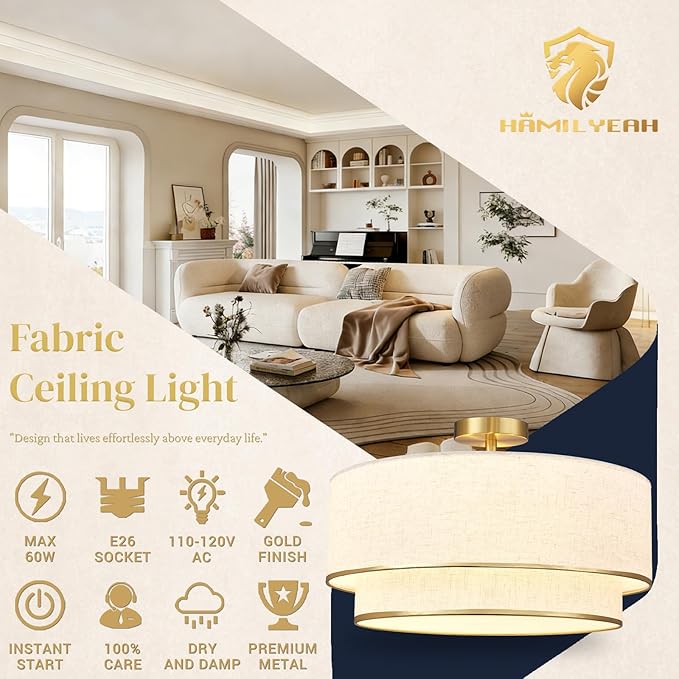 Hamilyeah 20 Inch Semi Flush Mount Ceiling Light, Dual Drum Fabric Shade Light Fixture with Gold Metal Trim, Modern Farmhouse Ceiling Light for Bedroom, Living Room, Dining Room, Hallway