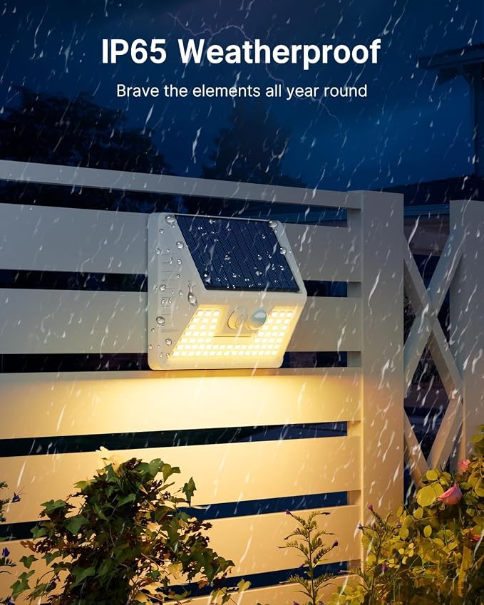 vighep 2Pack White Solar Lights Outdoor Motion Sensor, 3000K Warm Light/3 Lighting Modes, IP65 Waterproof Solar Powered Wall Lights Outside for Garden Fence Backyard Deck Driveway