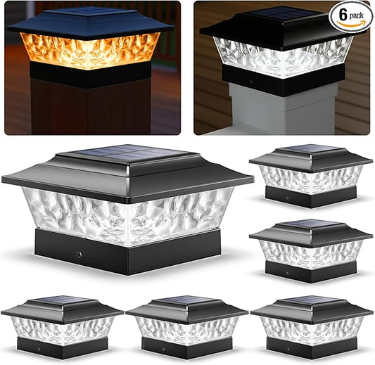 SIEDiNLAR Solar Post Lights Outdoor 12 LEDs 4 Modes Post Cap Light for 4x4 5x5 6x6 Vinyl Wooden Deck Fence Posts Patio Garden Decor, Warm/Cool White Dynamic Lighting (6 Pack, Black)