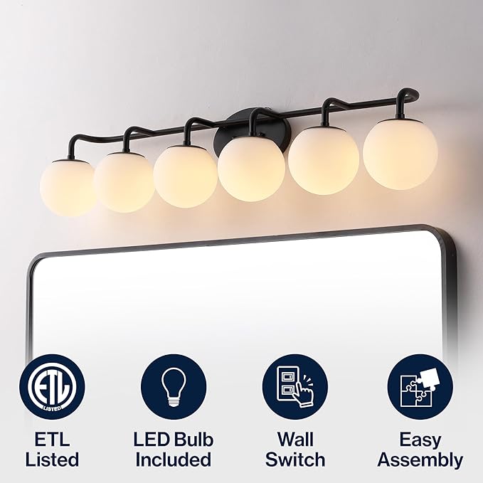 JONATHAN Y 40" Black Modern Globe Wall Sconce Vanity Light for Bathroom, White Frosted Glass Shade, Midcentury Parisian Bistro Wall Lamp, LED Bulb Included (JYL3560B)
