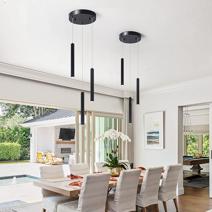 3-Light Modern Pendant Lights with Adjustable Height, Matte Black Finish Dimmable Hanging Light, 3000-6000K Pendant Lighting for Kitchen Island Dining Room (Black, 3-Light)