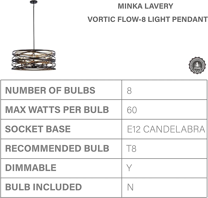 Minka Lavery Unique Pendant Ceiling Lighting 4678-111 Vortic Flow, 8-Light 480 Total Watts, 11" H x 28" W, Dark Bronze with Mosaic Gold Interior