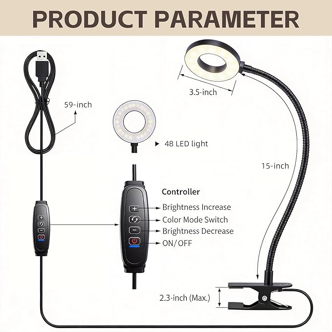 LED Clip On Book Light Desk Lamp with 3 Color Modes,10 Brightness Levels Flexible Arm Night Light,USB Powered Eye-Care Bedside Reading Light for Kids Books in Bed, Table Lamp for Home Office Dorm