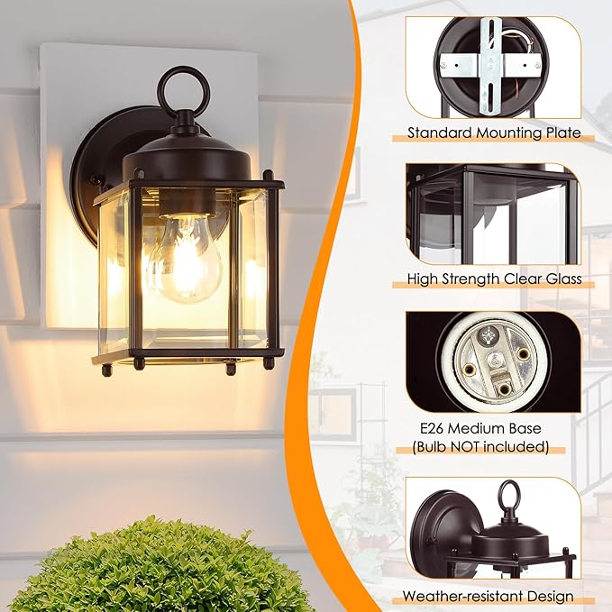 MATAMEYE Outdoor Wall Lantern, Exterior Dark Chocolate Waterproof Wall Sconce Lighting Fixture, Front Door Wall Lamp with Clear Beveled Glass, 2 Pack