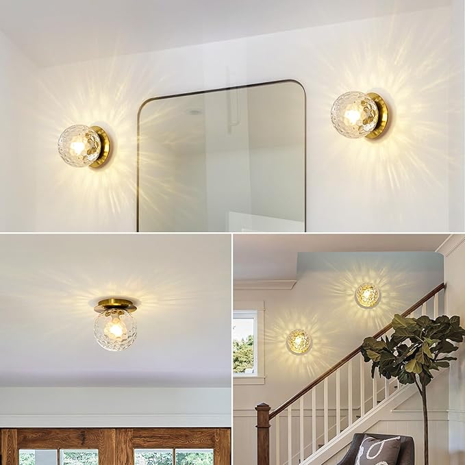 Modern Glass Globe Wall Sconce: Gold Spherical Sconces Light with Hammered Clear Glass Shade - Small Brass Vanity Single Ball Lights Fixture - Contemporary Wall Mounted Lamp for Bedroom Living Room